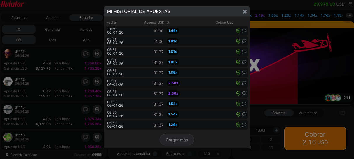 Historial de apuestas de Aviator mostrando multiplicadores ganadores como 1.45x y 2.50x en una interfaz de usuario oscura.