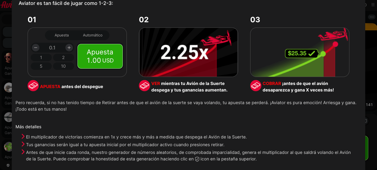 Infografía instructiva 1-2-3 que explica cómo apostar, ver el vuelo del avión y cobrar antes de que desaparezca en Aviator.